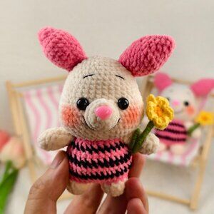 Handmade Amigurumi Crochet Piglet with Flowers Plushie